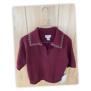 Song of Style Aimee Song Burgundy Knit Top Pearl Collar Short Sleeve Size S